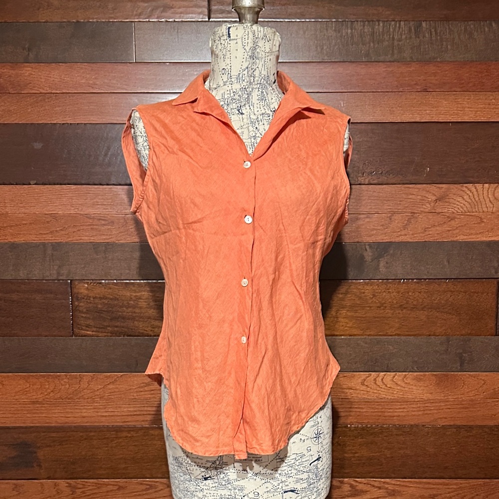 Vintage Antonelli Orange Sleeveless Button-Up Women's Linen Top